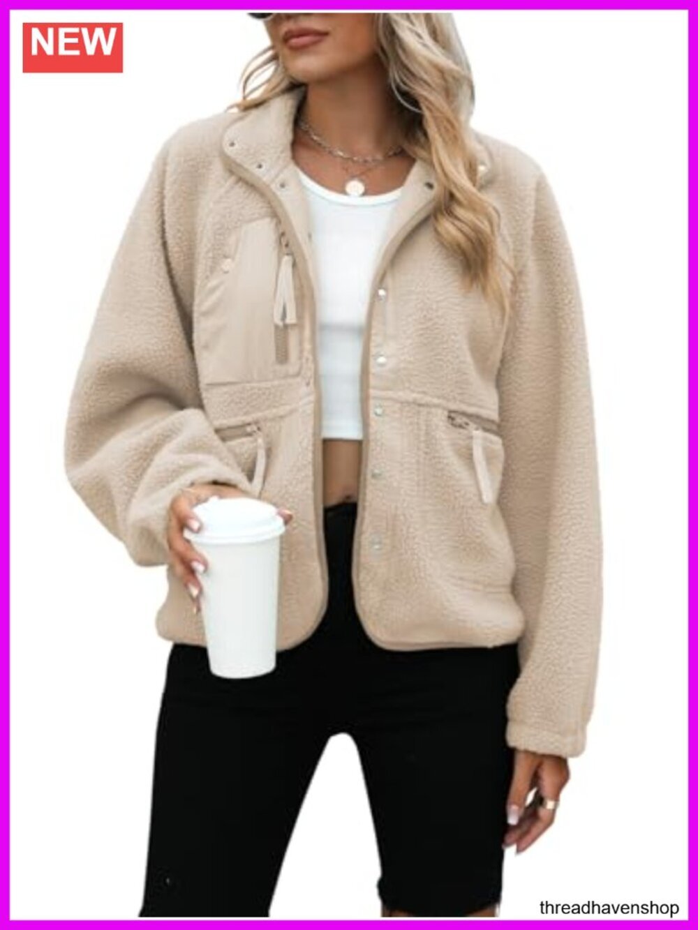 Oversized Fuzzy Fleece Jacket Button Down Sherpa Coat with Pockets